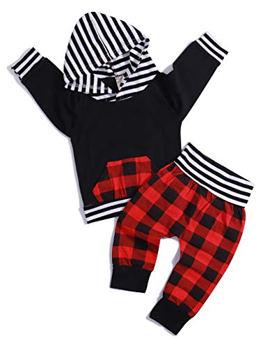 2pcs Outfit Newborn Baby Boy Girl Long Sleeve Black Hoodie with Check Pocket Tops Plaid Long Pants Clothes - Multi -