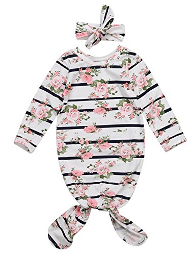Pudcoco Newborn Baby Girls Sleepy Floral Striped Gown Headband Sleepwear Romper Sleeping Bags