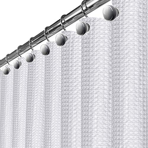 Waffle White Fabric Shower Curtain - includes FREE PEVA Liner, Hotel Quality Waterproof Decorative Curtain for Bathroom, Mildew Resistant and Rustproof Metal Grommets 72 x 72 inch (290 GSM)
