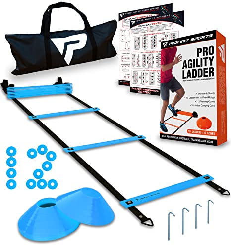 Pro Agility Ladder and Cones - Speed and Agility Training Set with 15 ft Fixed-Rung Ladder & 12 Cones for Soccer, Football, Sports, Exercise, Workout, Footwork Drills - Includes Heavy Duty Carry Bag
