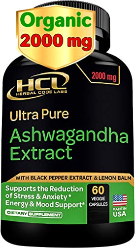 Organic Ashwagandha Capsules 2000 MG Root Powder Extract with Black Pepper & Lemon Balm 2 Month Supply - Natural Way to Relieve Stress & Anxiety - Thyroid Support & Adrenal Support Supplement