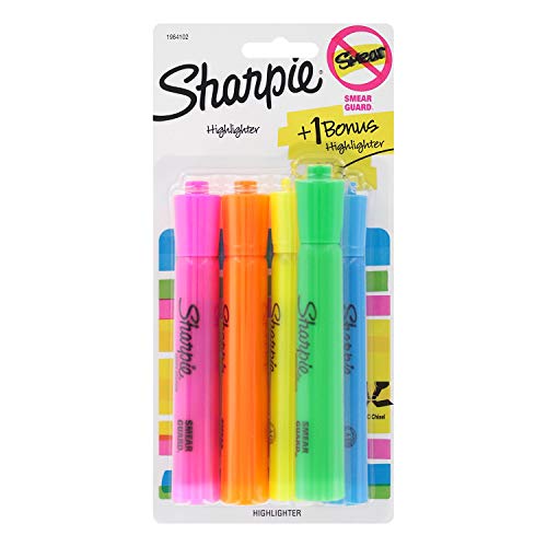 Book Cover Sharpie Tank Highlighters, Chisel Tip, Assorted Colors, 4-Count + 1 Bonus
