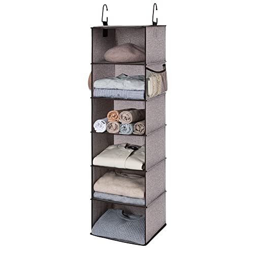 Book Cover StorageWorks 6-Shelf Hanging Closet Organizer, Hanging Shelves for Closet, Fabric, Mixing of Brown and Gray, 12