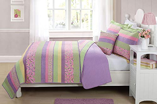 Elegant Home Multicolor Purple Yellow Green Pink Fun Striped with Butterflies Printed Reversible Cozy Colorful 4 Piece Quilt Full Size Bedspread Set with Decorative Pillow for Kids / Girls (Full)