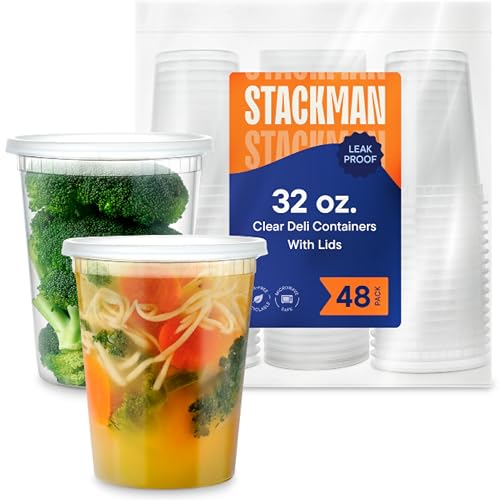 [48 Sets -32 oz.] Plastic Deli Food Storage Containers with Airtight Lids - Soup Containers with Lids