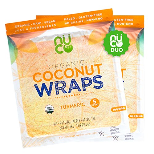 NUCO Certified Organic, SHELF STABLE, Paleo, Gluten Free, Vegan Non-GMO, Kosher Raw Veggie Coconut Wraps Turmeric Flavor. NO Salt Added Low Carb and Yeast Free 10 Count (Two Packs of Five Wraps Each)