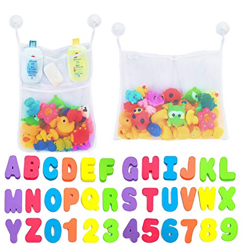 Book Cover Comfylife 2 x Mesh Bath Toy Organizer + 6 Ultra Strong Hooks + 36 Bath Letters & Numbers - Eco-Safe, Fun, Educational Foam Baby Bath Letters and Perfect Toy Storage Net for Baby Bath Toys & More