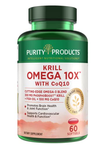 Book Cover Krill Omega 10X more EPA & DHA with CoQ10 Super Formula from Purity Products. 60 SOFT GELS