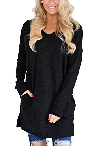 Book Cover XUERRY Womens Casual V-Neck Long Sleeves Pocket Solid Color Sweatshirt Tunics Blouse Tops