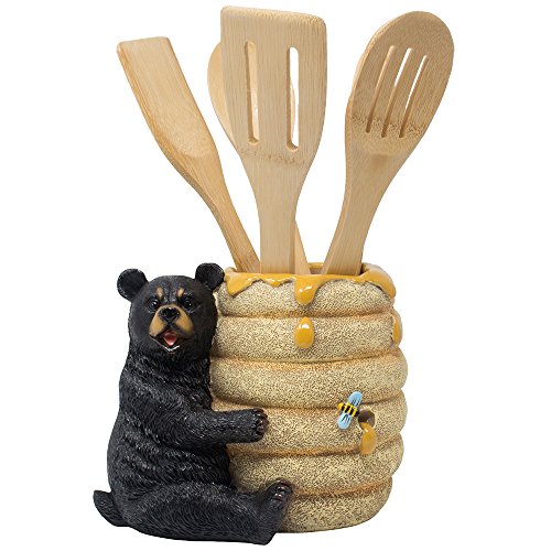 Book Cover Decorative Black Bear in a Beehive Honey Pot Countertop Utensil Holder Crock Display Stand Table Statue for Cabin or Rustic Lodge Decor and Gourmet Kitchen Decorations As Housewarming Gifts