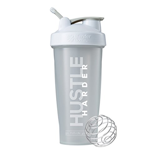 Motivational Quote on Blender Bottle Brand Shaker Bottle, 20 or 28 ounce capacity, Fitness Gift, Includes BlenderBall Whisk, Dishwasher Safe (Hustle Harder - 28oz - Pebble)