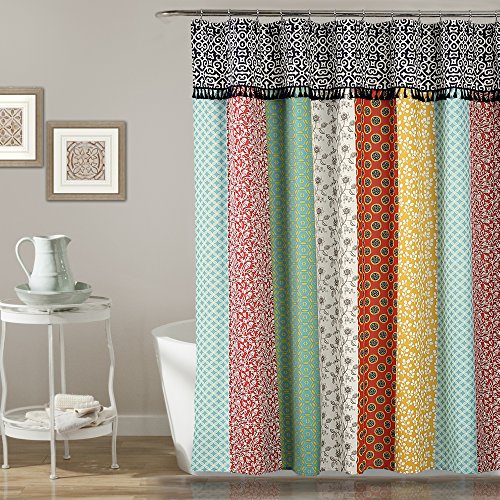 Book Cover Lush Decor Boho Patch Shower Curtain-Fabric Bohemian Colorful Print Vertical Stripe Design with Tassels, 72