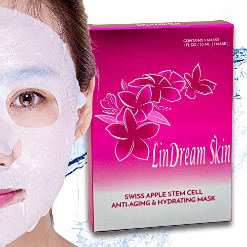 Anti Aging Sheet Face Mask by Lindream Skin - Organic Natural Stem Cell Facial Masks - Paraben Free- Vitamin Moisturizer Serum - Hydrating Wrinkle Remover - Spa Treatment for Men and Women - 5 Sheets