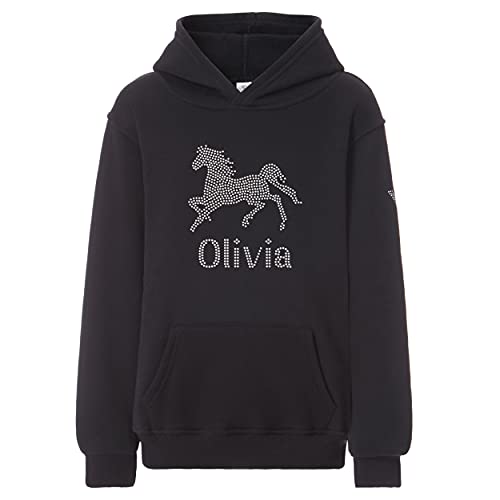 Black 12-13 Girls Slim Fit Girl's Personalised Horse Riding Crystallised Equestrian Hoodie Varsany