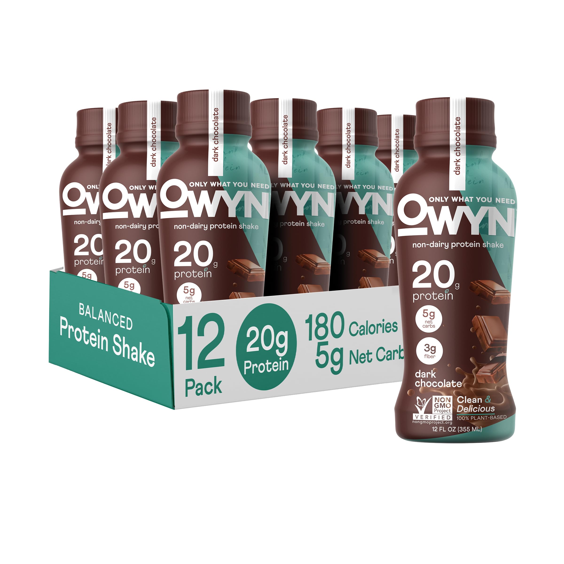 OWYN Plant Based Protein Shake, 20g Vegan Protein from Organic Pumpkin seed, Flax, Pea Blend, Prebiotic supplement, Superfood Greens, all-in-one nutrition, Gluten & Soy-Free (Dark Chocolate, 12 Pack) Dark Chocolate 12 Fl Oz (Pack of 12)