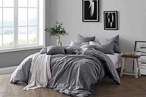 Book Cover Swift Home 100% Cotton Yarn Dyed Prewashed Chambray Duvet Cover Bedding Set, Breathable, Natural Wrinkled Look â€“ Ash Grey, King/Cal King â€“ Comforter Not Included