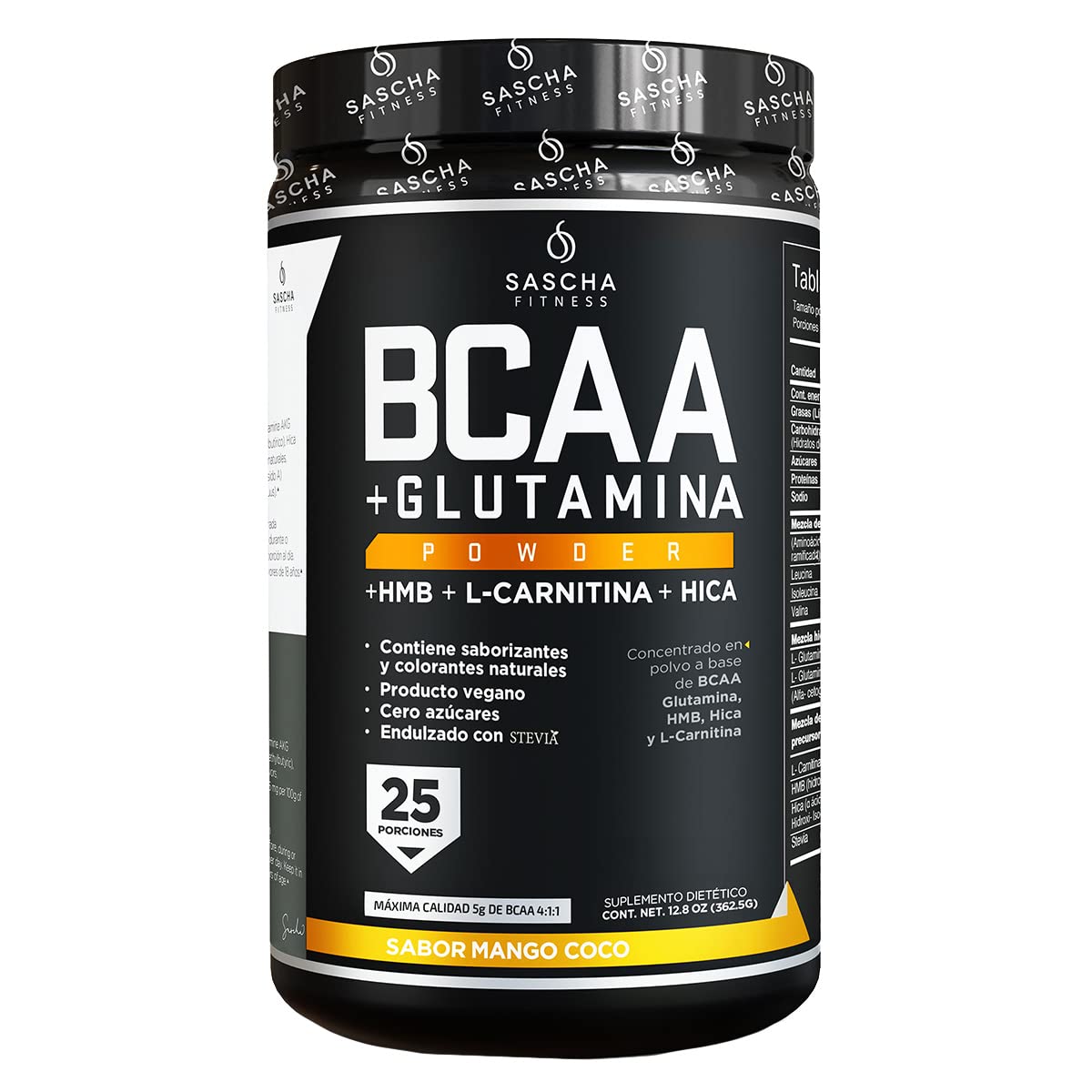 Sascha Fitness BCAA 4:1:1 + Glutamine, HMB, L-Carnitine, HICA | Powerful and Instant Powder Blend with Branched Chain Amino Acids (BCAAs) for Pre, Intra and Post-Workout (Natural Mango Coconut Flavor)