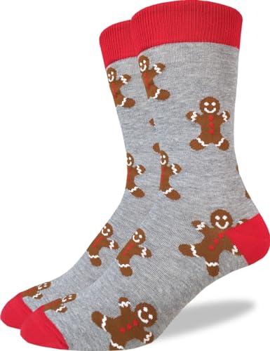 Good Luck Sock Men's Gingerbread Men Christmas Crew Socks - Grey, Adult Shoe Size 7-12