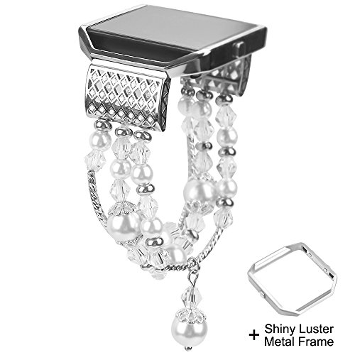 Fitbit Blaze Bands for Women, Ezzdo Handmade Jewelry Luxury Faux Pearl Replacement Diamond Bracelet with Frame Accessories(Small, White)