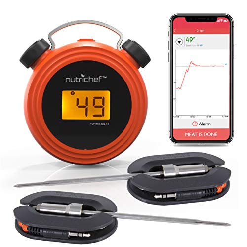Book Cover Smart Bluetooth BBQ Grill Thermometer - Digital Display, Stainless Dual Probes Safe to Leave in Outdoor Barbecue Meat Smoker - Wireless Remote Alert iOS Android Phone WiFi App - NutriChef PWIRBBQ60