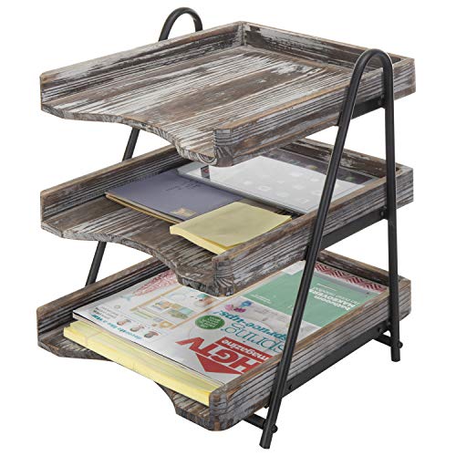 MyGift 3 Tier Rustic Torched Wood Letter Tray Desktop Organizer with Black Metal Stand, Office Desk Paper Document Sorter, Wooden Upright Filing Folder Rack