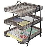 MyGift 3 Tier Rustic Torched Wood Letter Tray Desktop Organizer with Black Metal Stand, Office Desk Paper Document Sorter, Wooden Upright Filing Folder Rack