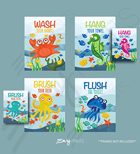 Ocean Bathroom Art Prints (Set of 4) (Unframed) 8x10 - Underwater Bathroom Wall Art Prints Children's Underwater Bathroom Ocean Theme Bathroom Wall Art 8x10 (Brush Flush Hang & Wash)