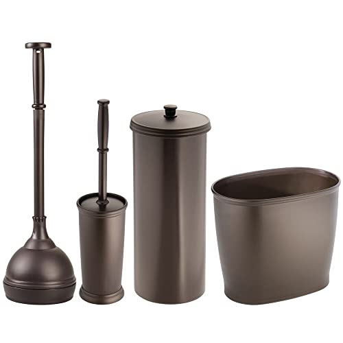 mDesign Modern Plastic Bathroom Storage and Cleaning Accessory Set - Includes Toilet Plunger, Bowl Brush, 3-Roll Toilet Paper Canister with Lid, Wastebasket Trash Can/Garbage Bin - 4 Pieces - Bronze