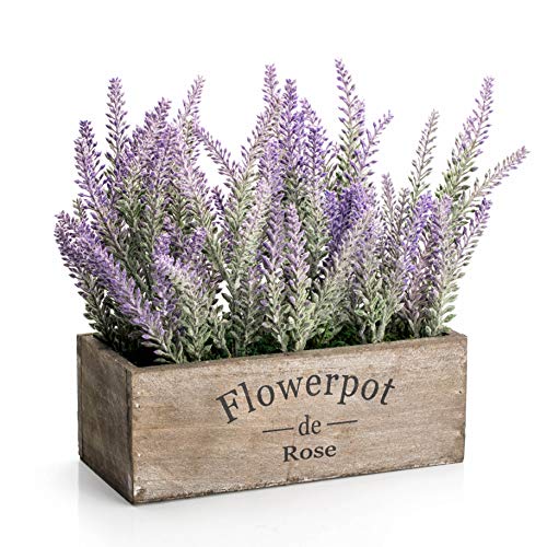 Book Cover Velener Artificial Flower Potted Lavender Plant for Home Decor (Wooden Tray, 9