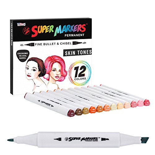 Book Cover 12 Color Super Markers Skin & Hair Tones Dual Tip Set - Double-Ended Permanent Art Markers with Fine Bullet and Chisel Point Tips - Ergonomic Tri-Oval Barrels - Flesh, Face, Manga, Portrait, Sketch