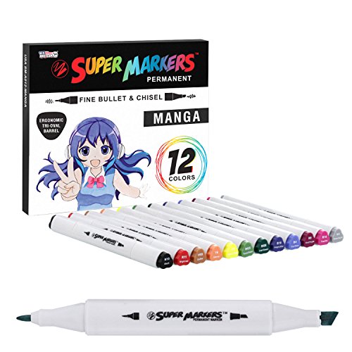 Book Cover 12 Color Super Markers Primary Manga Tones Dual Tip Set - Double-Ended Permanent Art Markers with Fine Bullet and Chisel Point Tips - Ergonomic Tri-Oval Barrels - Illustration, Sketch Comics, Anime