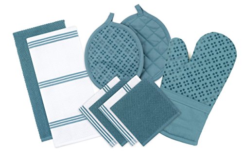 Sticky Toffee Silicone Printed Oven Mitt & Pot Holder, Cotton Terry Kitchen Dish Towel & Dishcloth, Dark Blue, 9 Piece Set