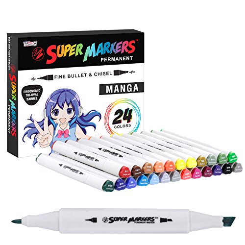 Book Cover 24 Color Super Markers Primary Manga Tones Dual Tip Set - Double-Ended Permanent Art Markers with Fine Bullet and Chisel Point Tips - Ergonomic Tri-Oval Barrels - Illustration, Sketch Comics, Anime