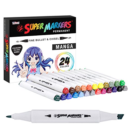 24 Color Super Markers Primary Manga Tones Dual Tip Set - Double-Ended Permanent Art Markers with Fine Bullet and Chisel Point Tips - Ergonomic Tri-Oval Barrels - Illustration, Sketch Comics, Anime