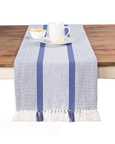 Sticky Toffee Cotton Woven Table Runner with Fringe, Traditional Diamond, Gray, 14 in x 72 in