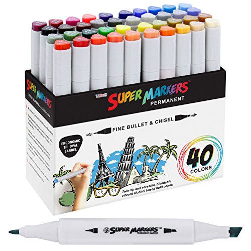 40 Color Super Markers Primary Tones Dual Tip Set - Double-Ended Permanent Art Markers with Fine Bullet and Chisel Point Tips - Ergonomic Tri-Oval Barrels - Draw, Sketch, Illustrate, Render, Manga