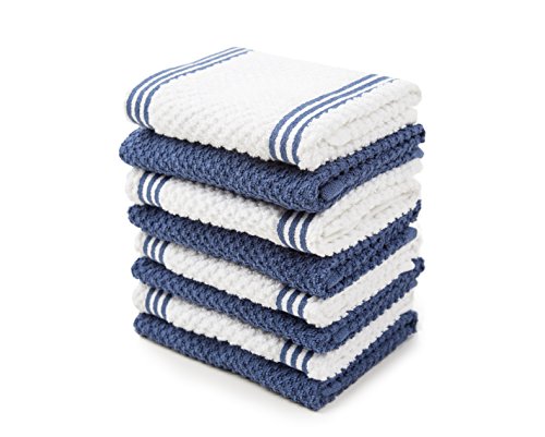 Book Cover Sticky Toffee Cotton Terry Kitchen Dishcloth Towels, Reusable and Absorbent Cleaning Cloths, 8 Pack, 12 in x 12 in, Dark Blue Stripe