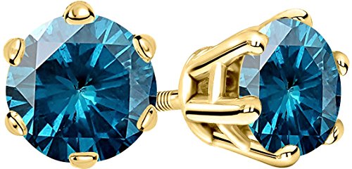 Houston Diamond District 1/2 to 4 Carat Round Blue Diamond Stud Earrings For Women 6 Prong Screw Back 14K Yellow Gold 4 Carat