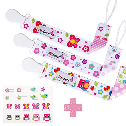 Pacifier Clip for Girls, Pack of 3 by Milanti + 18 Name Tags Labels, PremiumÂ Quality Fun Designs Universal Holder Leash for Pacifiers, Teething Toy or Soothie, Baby Shower Gift Set
