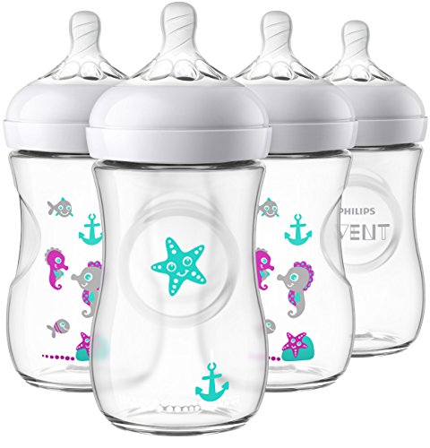 Book Cover Philips Avent Natural Baby Bottle, Clear with Seahorse design, 9 Ounce, 4 Pack, SCF659/47