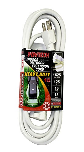 POWTECH Heavy duty Outdoor/Indoor 3 Wire Grounded SJTW 16/3, 1625 WATTTS, 13 AMPS Extension Cord, ETL VERIFIED, White, 10 Feet