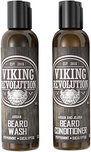 Viking Revolution Beard Wash & Beard Conditioner Set w/Argan & Jojoba Oils - Softens, Smooths & Strengthens Beard Growth - Natural Peppermint and Eucalyptus Scent - Beard Shampoo w/Beard Oil (5 oz)