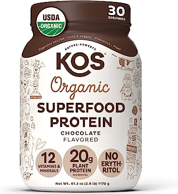 KOS Organic Plant Based Protein Powder - Raw Organic Vegan Protein Blend, 2.6 Pound, 30 Servings (Chocolate)