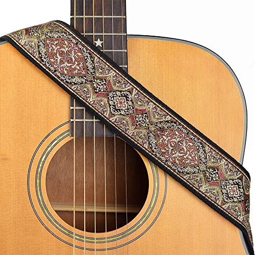 CLOUDMUSIC Guitar Strap Jacquard Weave Strap With Leather Ends Vintage Classical Pattern Design Guitar Picks Free (Flower Design 1)