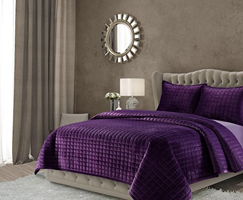 Book Cover Tribeca Living FLORENCEQUIKIPU Florence Velvet Oversized Solid Quilt Set, King, Purple