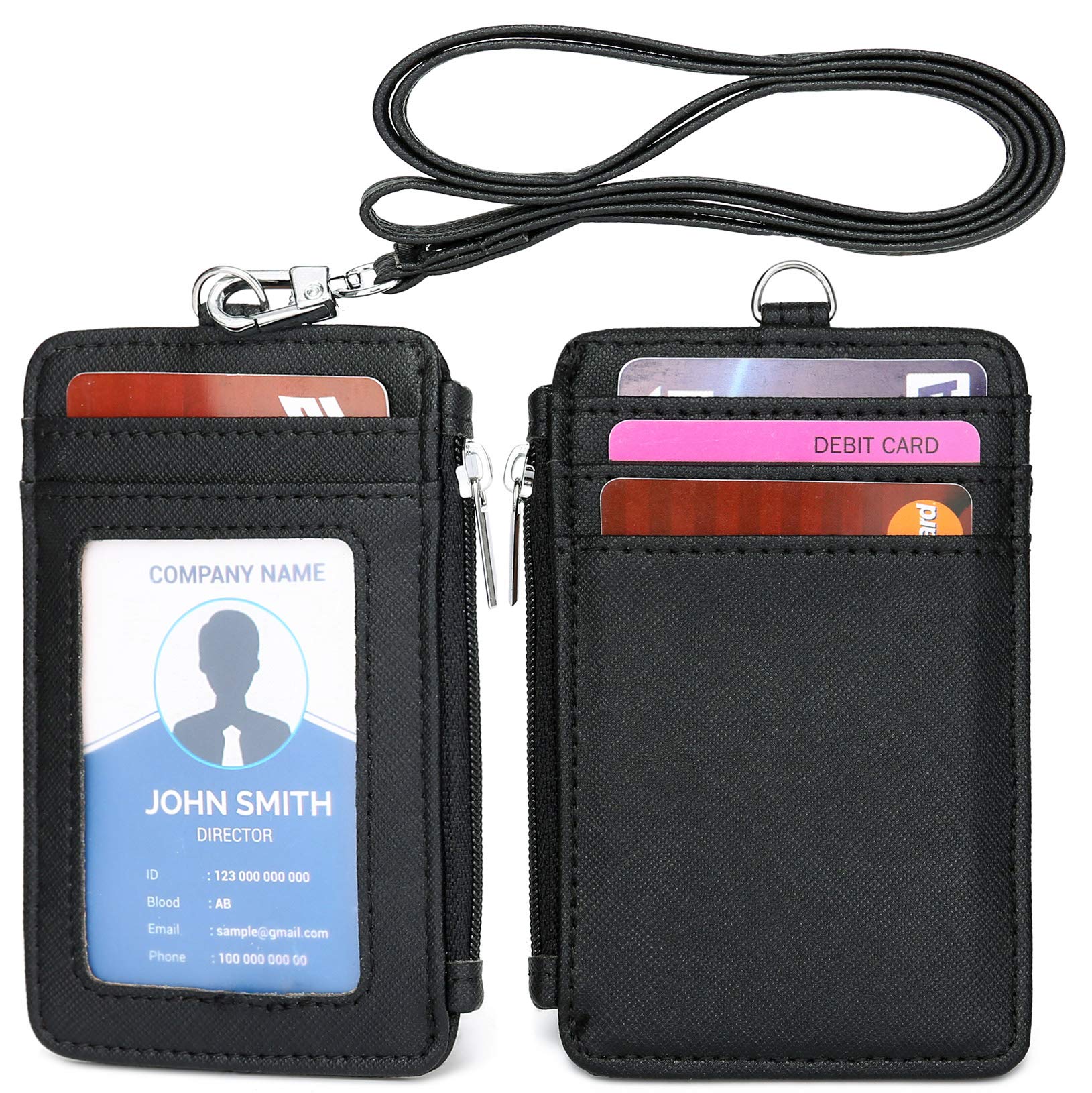Book Cover Leamekor ID Badge Holder with Neck Lanyard PU Leather ID Badge Wallet Case with 1 ID Window, 4 Card Slots, 1 Side Zipper Pocket Black