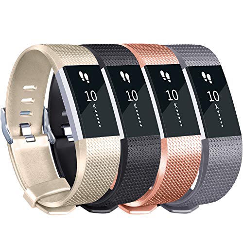 Book Cover Tobfit Sport Silicone Bands Compatible for Fitbit Charge 2 Classic & Special Edition, 4 Pack, Black/Champagne/Rose Gold/Grey, Small