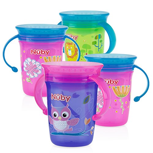 Nuby 4 Piece 360 Printed Twin Handle Wonder Cup, Purple/Green/Pink