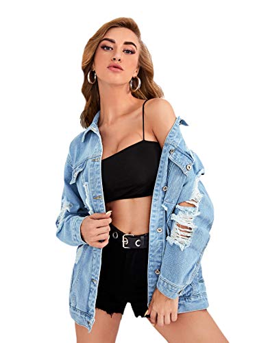 Floerns Women's Ripped Distressed Casual Long Sleeve Denim Jacket