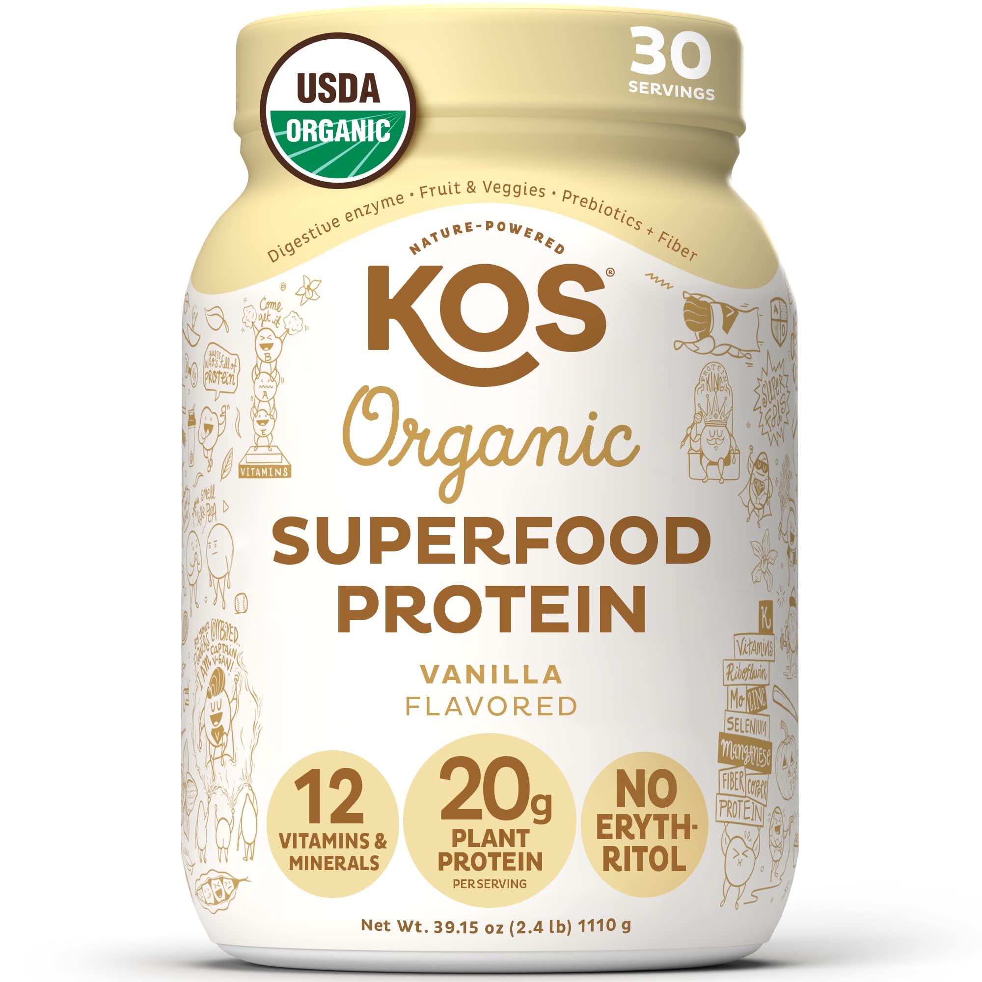 Book Cover KOS Vegan Protein Powder Erythritol Free, Vanilla USDA Organic - Pea Protein Blend, Plant Based Superfood Rich in Vitamins & Minerals - Keto, Dairy Free - Meal Replacement for Women & Men, 30 Servings Vanilla 30 Servings